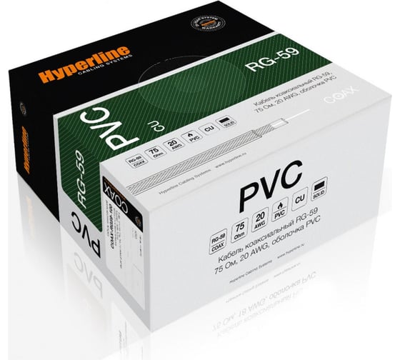 Коаксиальный кабель Hyperline COAX-RG59-CU-100 RG-59, 75 Ом , жила - 0.8 мм (медь, solid), экран - фольга + оплетка (луженная медь, 48%), внешний диаметр 6.1мм, изоляция PVC (бухта 100 м) 49124