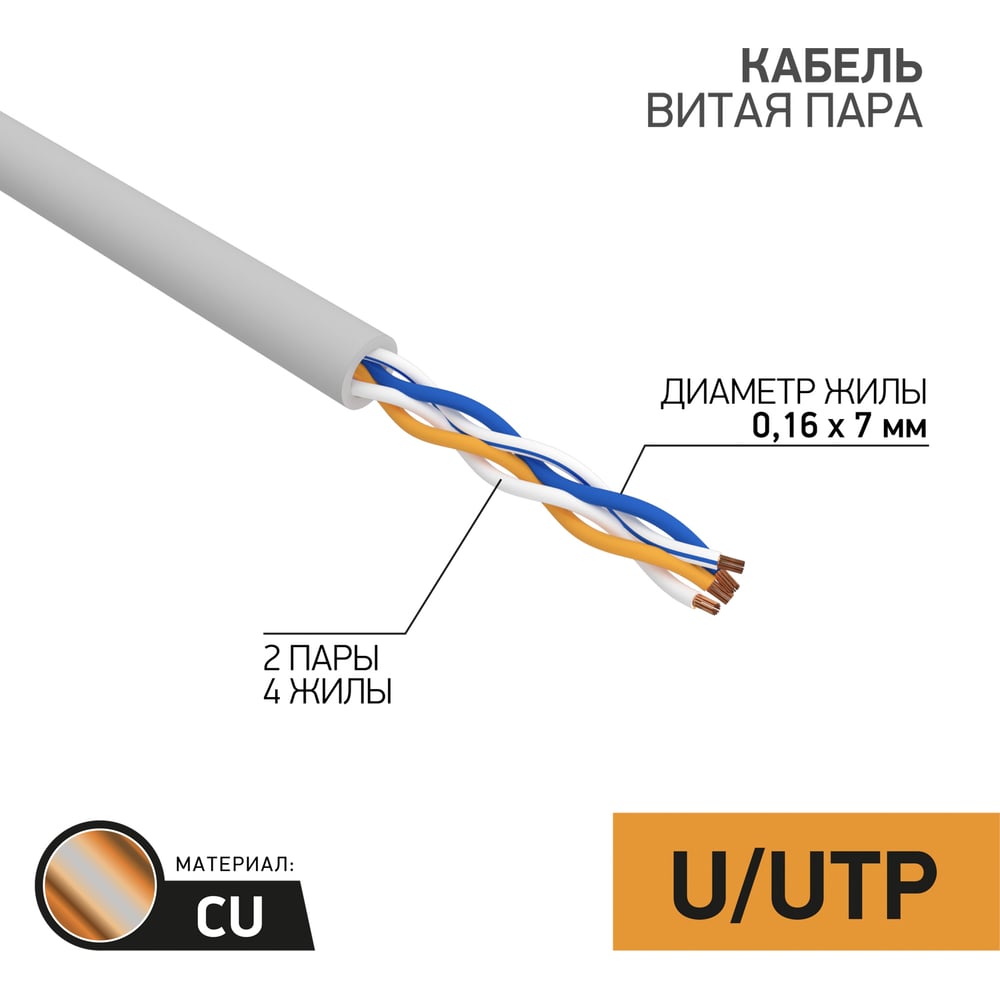 Кабель REXANT витая пара, UTP 2PR 24AWG, CAT5e, STRANDED, бухта 305м 01 ...