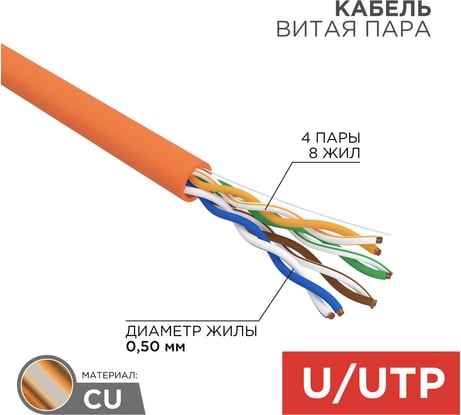 Кабель REXANT витая пара, UTP, 4PR, 24AWG, CAT5e, нгА-HF, LSZH, бухта 305м 01-0049