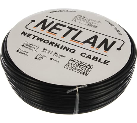 Кабель NETLAN U/UTP 4 пары, категория 5e, внешний, PE до -40C, черный, 100м EC-UU004-5E-PE-BK-1