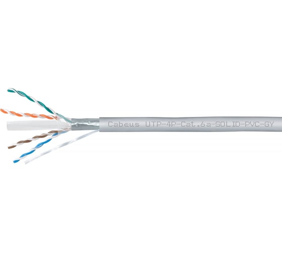 Кабель витая пара Cabeus UTP (U/UTP), категория 6A, 4 пары (23 AWG), одно UTP-4P-Cat.6a-SOLID-PVC-GY