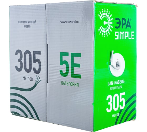 Кабель витая пара ЭРА U/UTP 4x2x25AWG Cat5e CCA PVC 305м SIMPLE 2/30 Б0044435