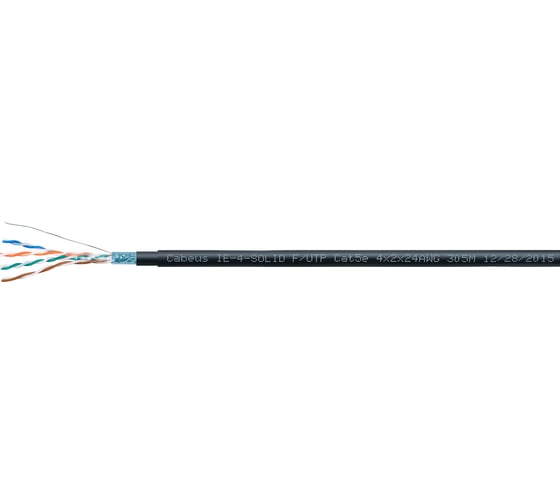 Кабель Cabeus Industrial Ethernet, экранированная витая пара FTP (F/UTP), категории 5e, 4 пары, одножильный (solid), экран - фольга, внутренний/внешний (-40C - +75C), двойная оболочка PVC UV (305м) IE-4-SOLID F/UTP Cat5e 4X2X24AWG