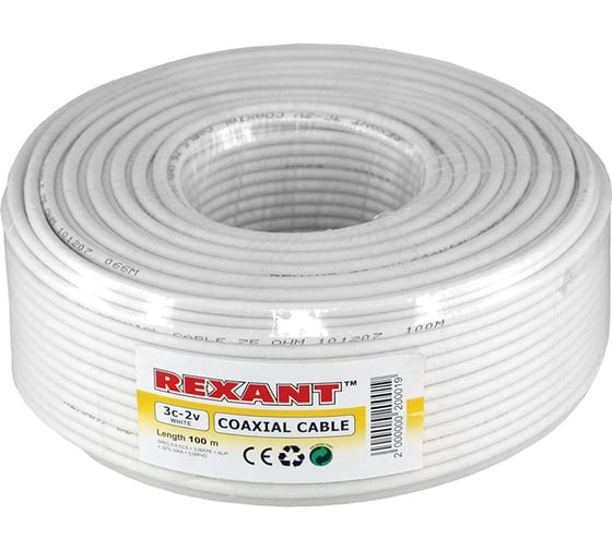Коаксиальный кабель REXANT 3С-2V, 75 Ом, CCS/Al/Al, 48%, бухта 100 м, белый 01-2611