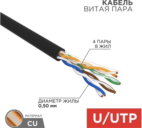 Кабель REXANT UTP 4PR 24AWG, CU, CAT5e, 100 МГц, PE, черный, OUTDOOR, бухта 50 м 01-0045-50
