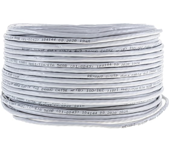 Кабель REXANT UTP 4PR 24AWG, CU, CAT5e, 100 МГц, PVC, серый, бухта 100 м 01-0043-100