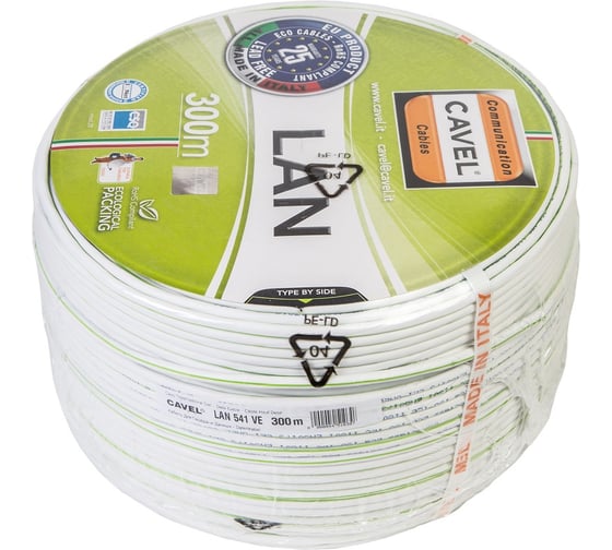 Витая пара CAVEL, LAN 541-VEC 300м, 5e F/UTP, 0,51мм Cu, 6,2 мм PVC, белый/зелёная полоса C001441