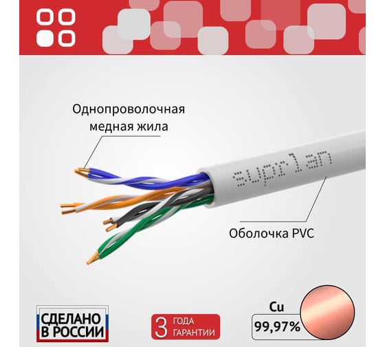 Сетевой интернет кабель витая пара SUPRLAN медный Premium UTP Cat.5e 4x2x0,51 Cu PVC внутренний 305м 01-0313-5