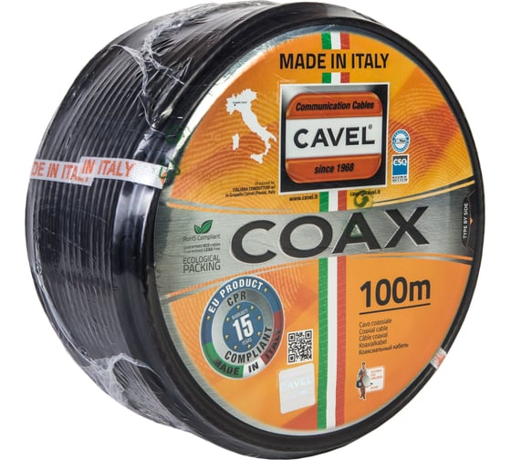 Коаксиальный кабель CAVEL SAT 703 NC 100м, 75 Ом, 1,13 мм Cu, CuSn 45%, 6,6 мм PVC, черный, C000651