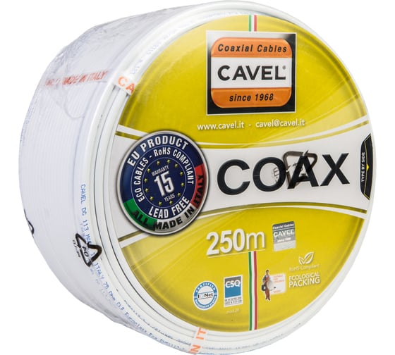 Коаксиальный кабель CAVEL DG 113 C 250м, 75 Ом, 1,13 мм Cu, 72% CuSn, 6,6 мм PVC, белый, C001444