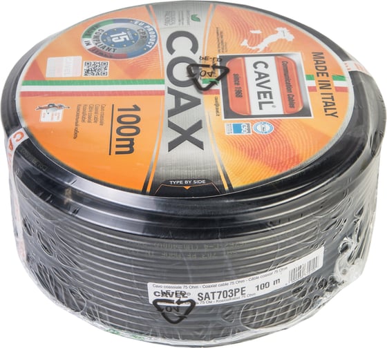 Коаксиальный кабель CAVEL SAT 703 PE 100м , 75 Ом, 1,13 мм Cu, CuSn 45%, 6,6 мм PE, черный, C001098