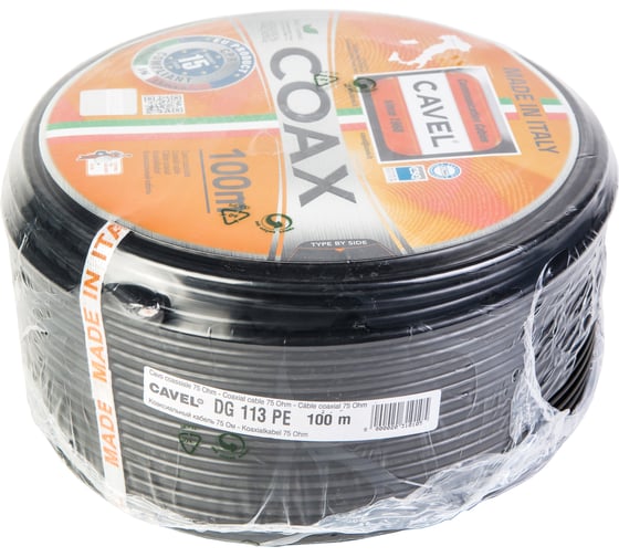 Коаксиальный кабель CAVEL DG 113 PE 100м, 75 Ом, 1,13 мм Cu, 72% CuSn, 6,6 мм PE, черный, C000528