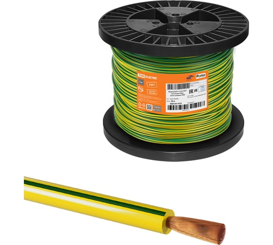 Провод TDM ELECTRIC ПуГВ 1x10,0, ГОСТ, на катушке, 50м, желто-зеленый SQ0124-1619