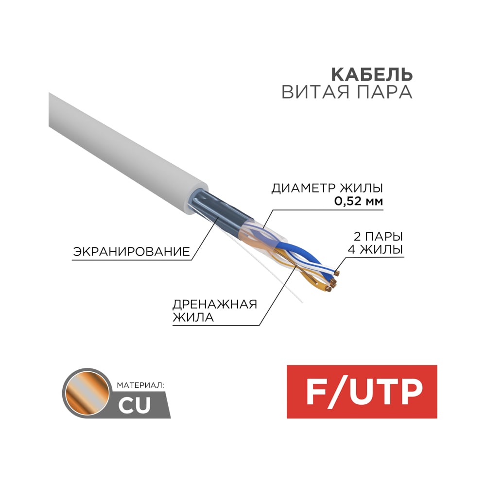 Кабель витая пара REXANT F/UTP, CAT 5e, ZH нг(А)-HF, 2x2х0,52 мм, 24AWG ...