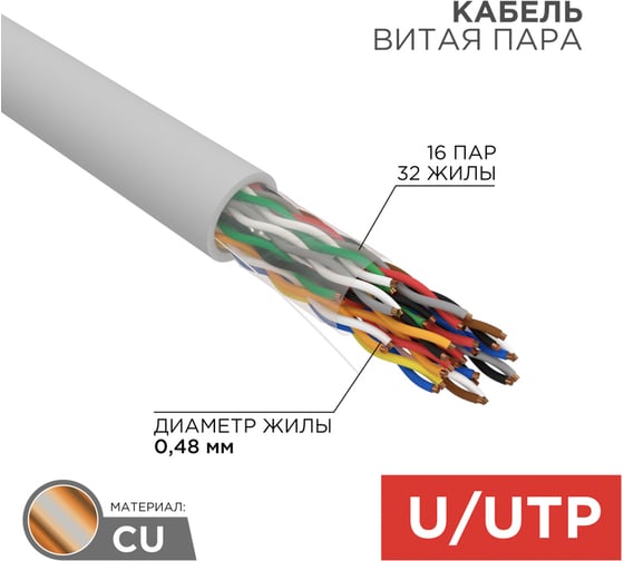 Кабель REXANT витая пара U/UTP, CAT 5е, PVC, 16PR, 24AWG, INDOOR, SOLID, серый, 305м, РФ 01-1012-R