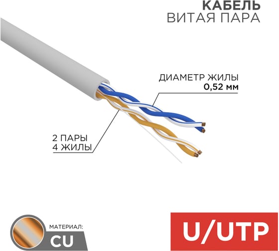Кабель REXANT витая пара, U/UTP, CAT 5e, ZH нг(А)-HF, 2x2х0,52мм, 24AWG, INDOOR, SOLID, серый, 305м PRO 02-0002
