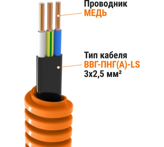Кабель TDM ELECTRIC ВВГ-Пнг(А)-LS 3х2,5ок(N,PE)-0,66 ГОСТ в гофрированной трубе ПНД d20 оранжевая (50 м) SQ0140-3002