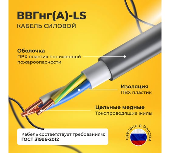 Силовой кабель Подольсккабель ВВГнгА-LS 3x1,5, N,PE, 100 метров, ГОСТ 200480335-100