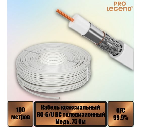 Кабель Pro Legend RG-6/U BC коаксиальный 75 Ом медный белый, 100м. PL9093 1