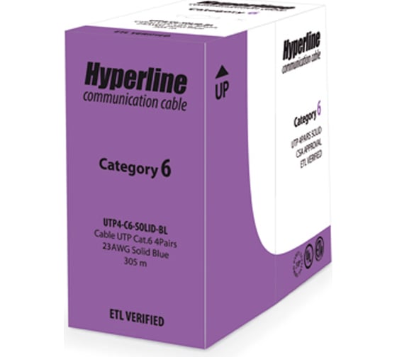 Кабель витая пара Hyperline UTP4-C6-SOLID-BL-305, 305 м, неэкранированная, U/UTP, категория 6, 4 пары 23 AWG, одножильный solid, с разделителем, PVC –20гра 42049