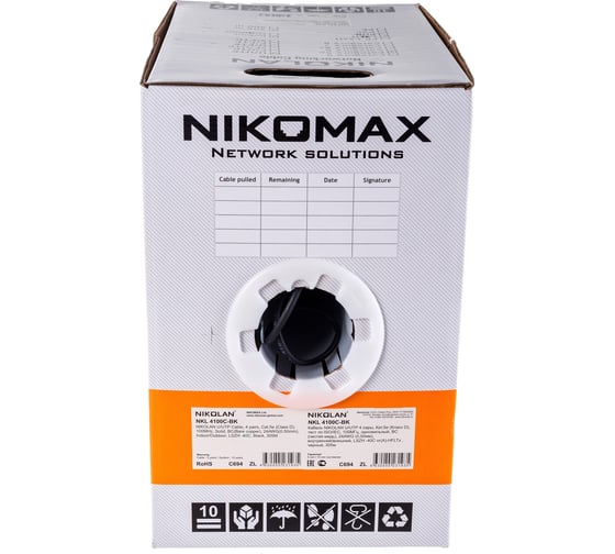 Кабель NIKOMAX, U/UTP 4 пары, категория 5e, одножильный, медный, 0,50 мм, внутренний/внешний, LSZH, -40C, черный, 305м NKL 4100C-BK