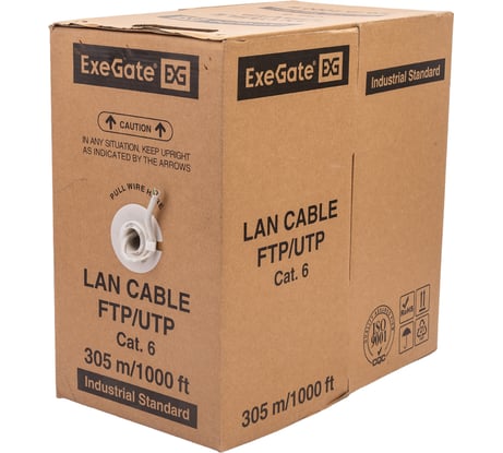 Кабель UTP ExeGate 4 пары, категория 6, CCA, 23AWG, бухта 305м, серый PVC 186134
