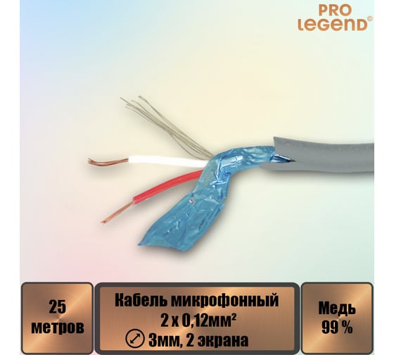 Кабель микрофонный Pro Legend 2х0,12мм², ø 3мм, 2 экрана, серебристый, 25м PL3147_25