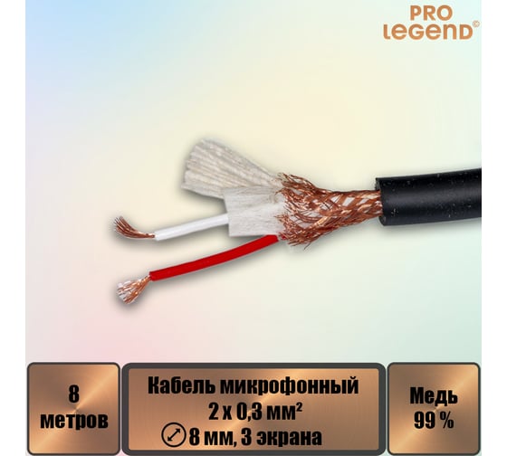Кабель микрофонный Pro Legend 2х0,3мм², ø 8мм, 3 экрана, черный, 8м PL3131_8