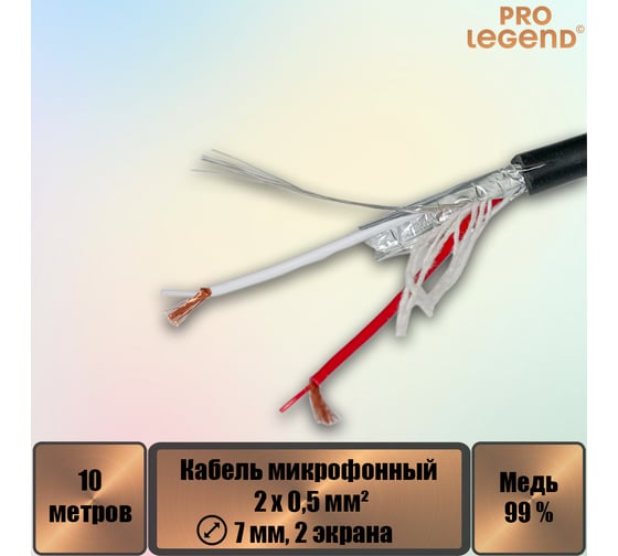 Кабель микрофонный Pro Legend 2х0,5мм², ø 7мм, 2 экрана, черный, PL3148_10