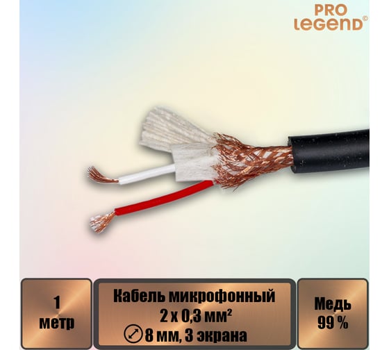 Кабель микрофонный Pro Legend 2х0,3мм², ø 8мм, 3 экрана, черный, 1м PL3131_1