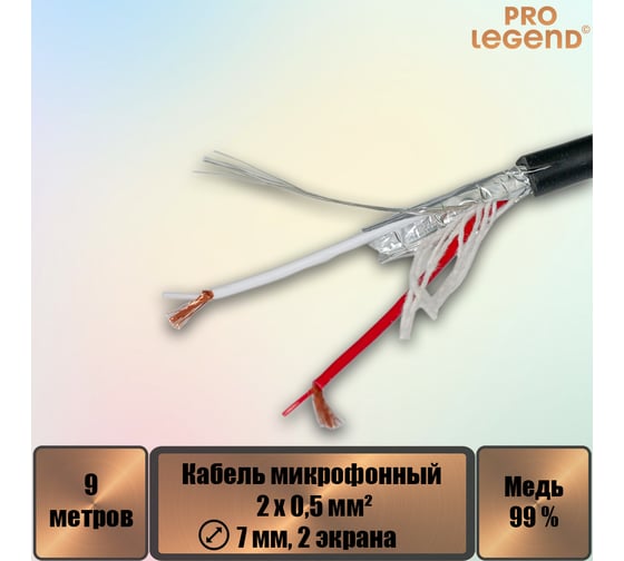 Кабель микрофонный Pro Legend 2х0,5мм², ø 7мм, 2 экрана, черный, PL3148_9