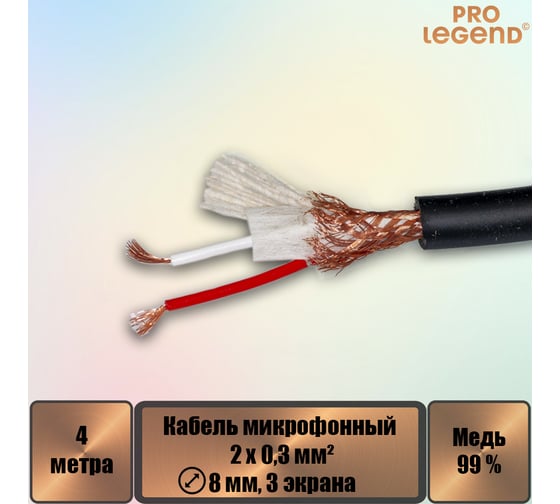 Кабель микрофонный Pro Legend 2х0,3мм², ø 8мм, 3 экрана, черный, 4м PL3131_4