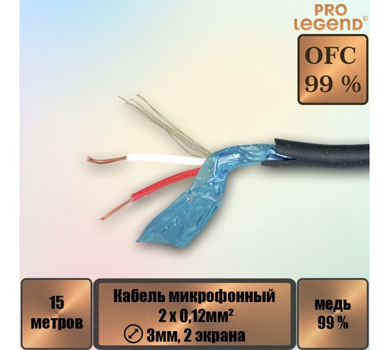 Кабель микрофонный Pro Legend 2х0,12мм², ø 3мм, 2 экрана, черный, 15м PL3144_15