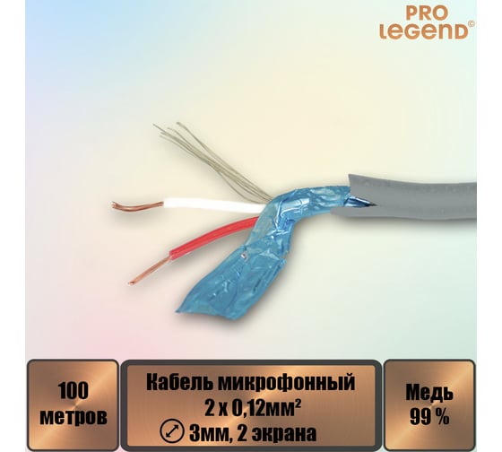 Кабель микрофонный Pro Legend 2х0,12мм², ø 3мм, 2 экрана, серебристый, 100м PL3147