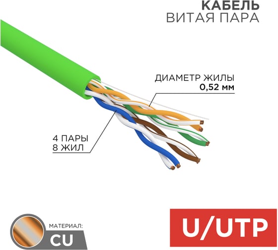 Кабель REXANT витая пара U/UTP, CAT 5e, PVC, нг(А)-LSLTx, 4x2х0,52мм, 24AWG, INDOOR, SOLID, зеленый, 305 м 01-0061-R