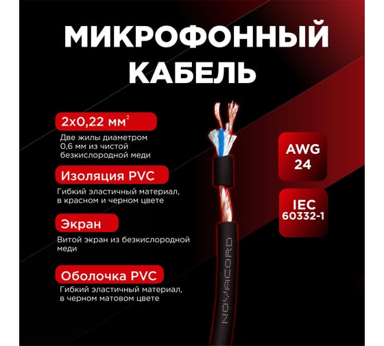 Микрофонный кабель Novacord 2x0.22 мм2, AWG 24, витой экран, диаметр кабелья 6.0 мм, оболочка PVC, 150м MICRO 22 PVC 150