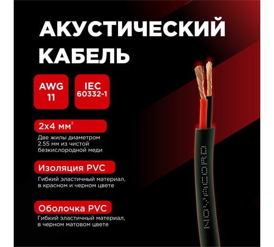 Акустический кабель для колонок Novacord 2x4 мм2, AWG 11, диаметр кабеля 9.1 мм, оболочка PVC, 500м Speaker 2x4 PVC 500