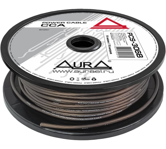 Кабель силовой AURA, 10AWG/6мм2, 75м/катушка, черный PCS-306B 1