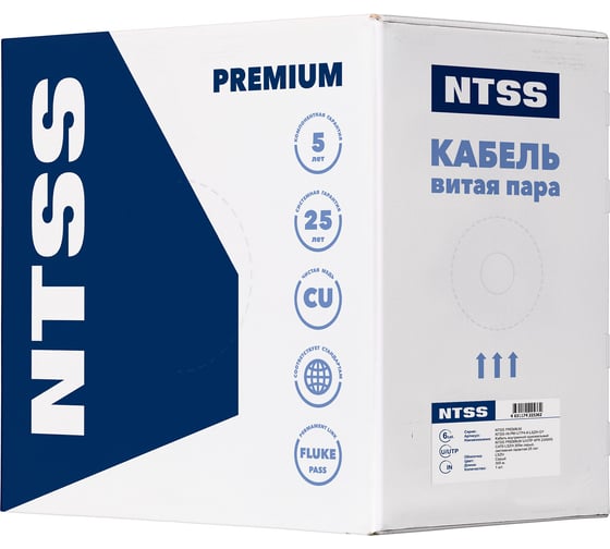 Кабель внутренний одножильный NTSS PREMIUM U/UTP 4PR 23AWG CAT6 LSZH 305м серый, системная гарантия 25 лет NTSS-IN-PM-UUTP4-6-LSZH-GY