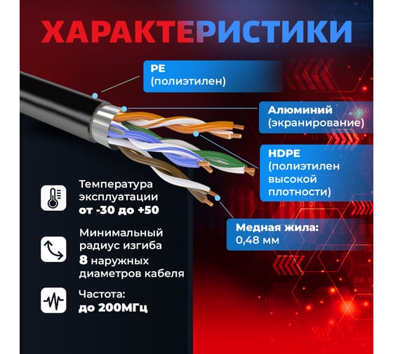 Витая пара TWIST FTP, 4 пары, 6, CU, наружный, PE, чёрный, 200 м FTP4-C6-CU-OUT-PE-200-TWCS