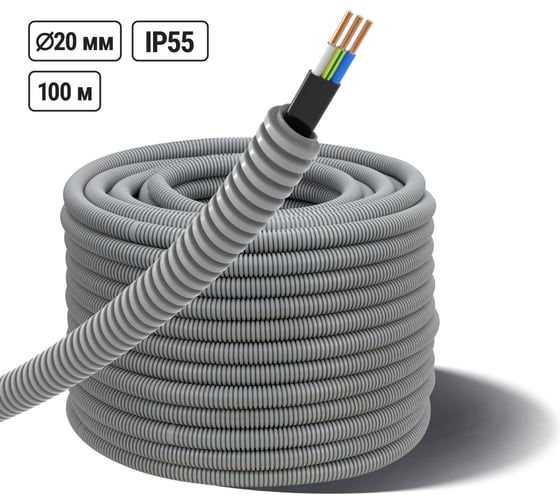 Кабель TDM ELECTRIC ВВГ-Пнг(А)-LS 3x2,5ок(N,PE)-0,66 ГОСТ в гофрированной трубе ПВХ d20 серый 100 метров SQ0140-2102
