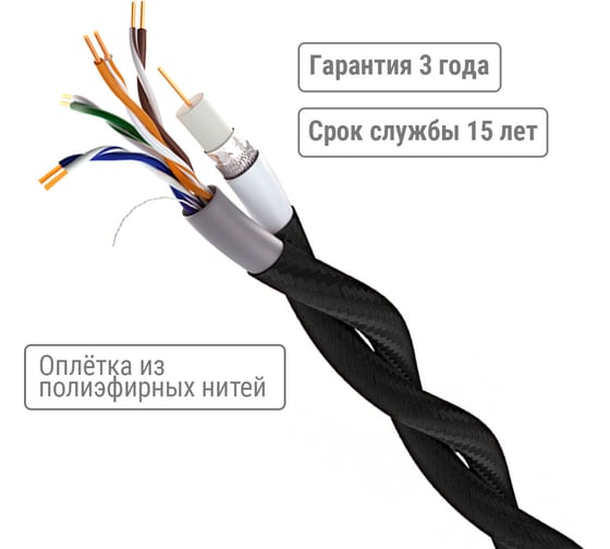 Ретро провод TDM ELECTRIC "Эко" TV + Internet витой, черный 45м SQ2803-0004