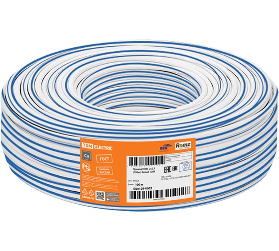 Провод TDM ELECTRIC ппвг 2x2.5 (100м), белый SQ0129-0002
