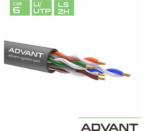 Кабель витая пара Advant кат. 6, U/UTP, 4 пары(AWG23), одножильный, оболочка LSZH, цвет: серый, ADV6-U23LG (305m)