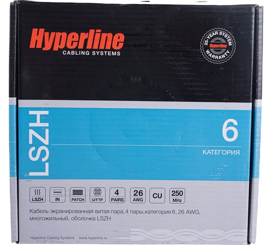 Кабель Hyperline UFTP4-C6-P26-IN-LSZH-GY-100 (100 м) витая пара, экранированная U/FTP, категория 6, 4 пары (26 AWG), многожильный (patch), LSZH, серый 243627