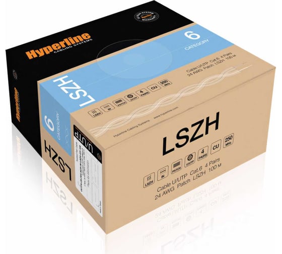 Кабель Hyperline UUTP4-C6-P24-NCR-IN-LSZH-GY-100 (100 м) витая пара, неэкранированная U/UTP 243616
