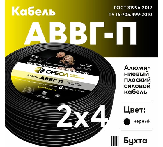 Кабель ОРЕОЛ АВВГп 2х4 мм ГОСТ 100 м 00-00001898