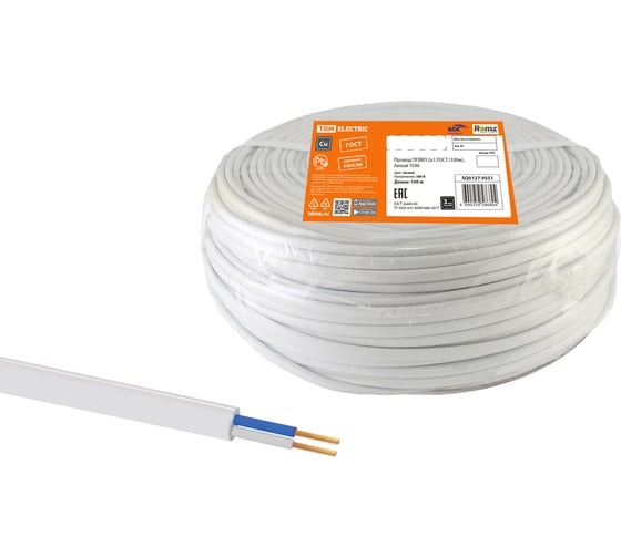 Провод TDM ELECTRIC ПГВВП 2х1 ГОСТ 100м, белый SQ0127-0551 1