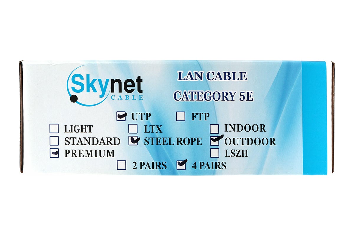 Кабель SkyNet Prem UTPoutdoor 4x2x0.51 трос медь FLUKETEST категории 5e  одножильный 100м box черный CSP-UTP-4-CU-OUTR/100 - выгодная цена, отзывы,  характеристики, фото - купить в Москве и РФ