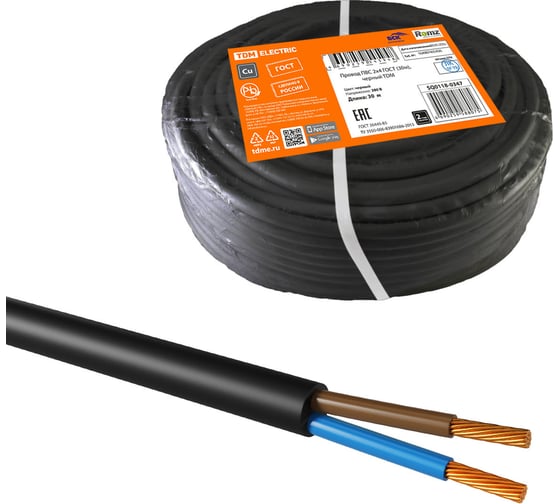 Провод TDM ELECTRIC ПВС, 2х4, ГОСТ, 30м, черный SQ0118-0347